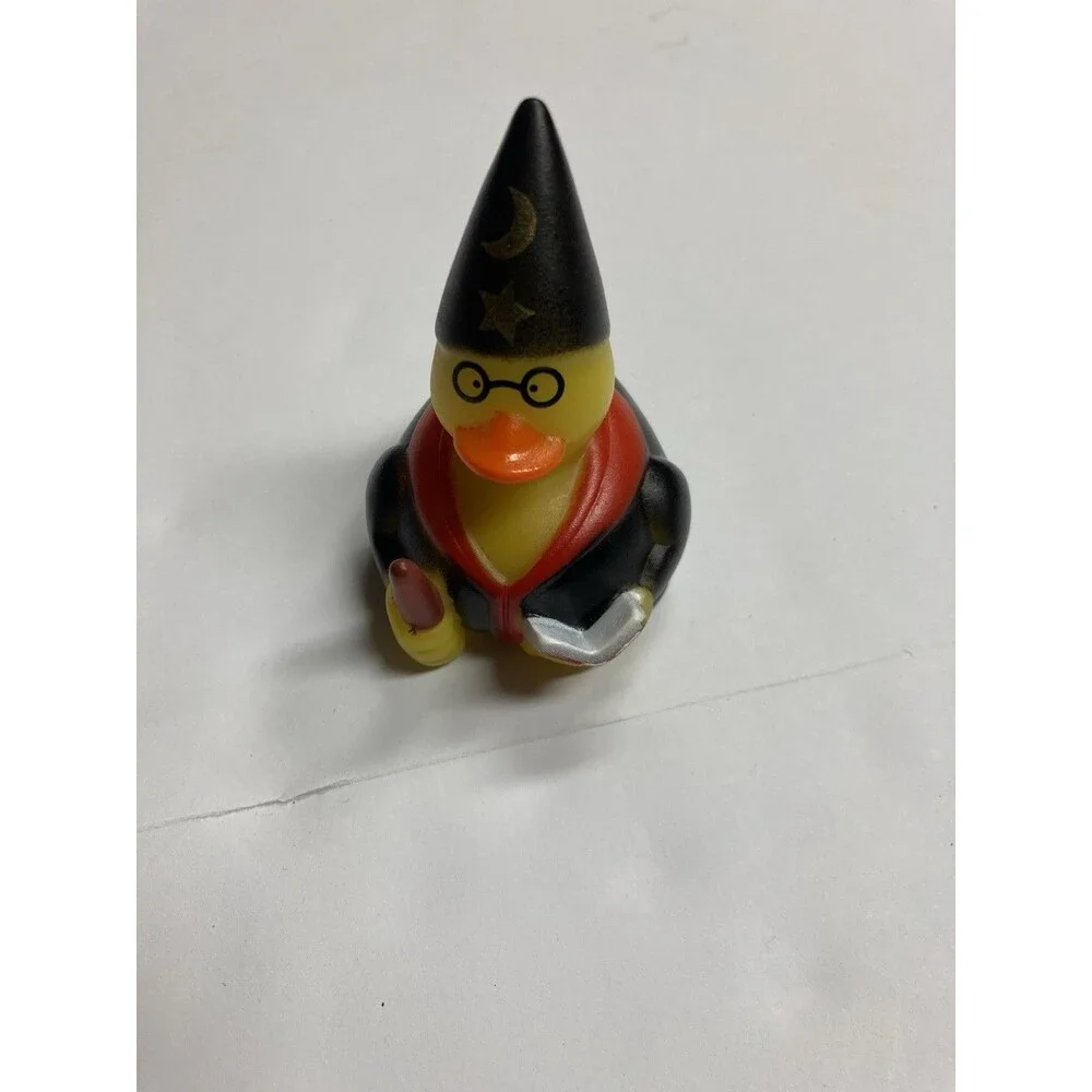 Wizard Duck Figurine Plastic Fantasy w/ Glasses Wand Book Black Hat Moon Stars